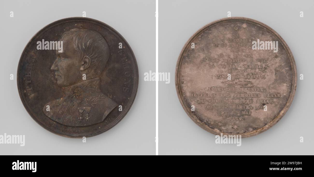 Décès de Pierre Simons, ingénieur des chemins de fer belges, Adrien Hippolyte Veyrat, médaille d'histoire 1843 Médaille d'argent. Devant : l'homme de poitrine à l'intérieur du changement. Revers : inscription Bruxelles argent (métal) frappe (travail des métaux) Banque D'Images