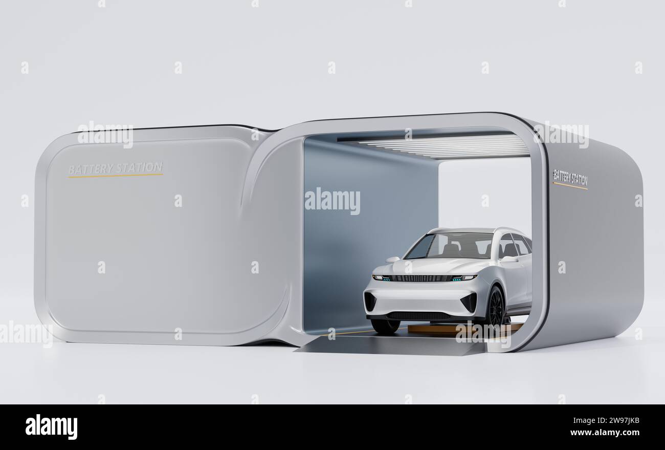 Blanc SUV électrique échangeant le bloc-batterie dans la station d'échange de batterie. Conception générique. Image de rendu 3D. Banque D'Images