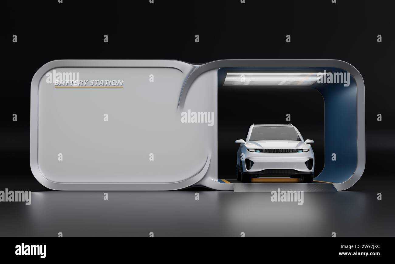 Blanc SUV électrique échangeant le bloc-batterie dans la station d'échange de batterie. Lumière de studio. Conception générique. Image de rendu 3D. Banque D'Images