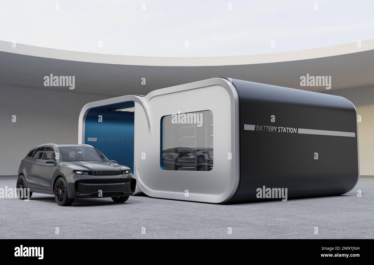 SUV électrique noir traversant la station d'échange de batterie. Conception générique. Image de rendu 3D. Banque D'Images