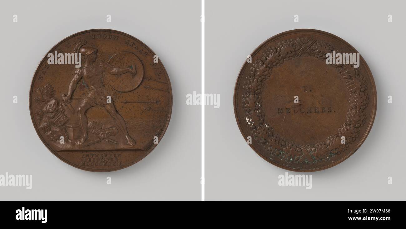 Médaille de récompense pour les défenseurs de la Citadelle d'Anvers 1832, au nom de T. Melchers, David van der Kellen (1804-1879), médaille d'histoire 1832 Médaille de bronze, sur le devant un soldat, en vêtements anciens avec bouclier et épée brisée, à côté de la rivière sur une rivière, sertit des flèches ennemies, avec un changement et un texte découpé, une salle d'écriture dans une lourde couronne de chêne sur le verso. Avec nom emmêlé. Bronze d'Utrecht (métal) frappe (travail des métaux) Banque D'Images