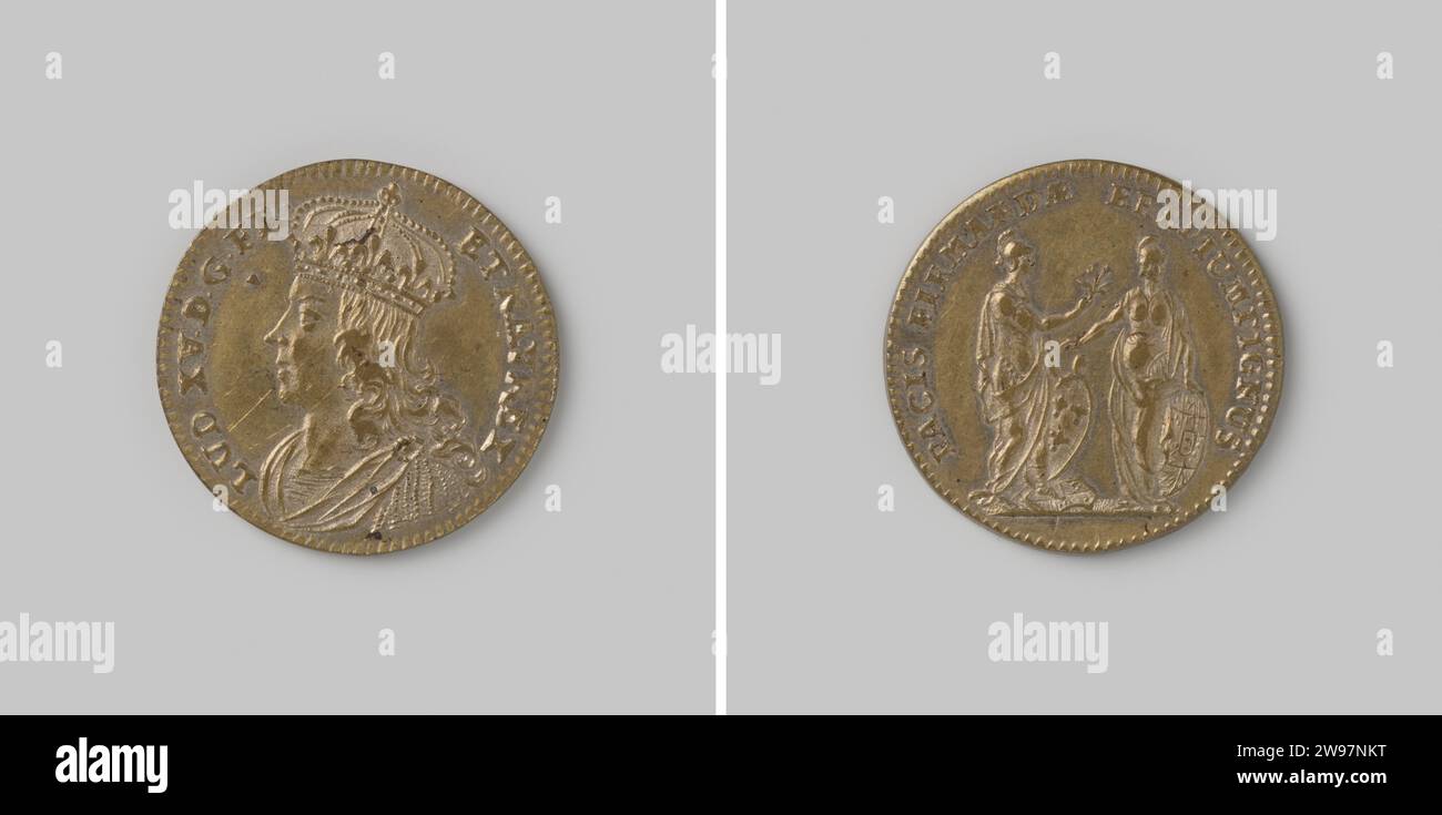 Jeton français sur la paix avec l'Angleterre ,, 1715 - 1774 médaille d'histoire Médaille de laiton, sur le devant le buste couronné de Louis XV à gauche avec un changement, sur le revers France que l'Angleterre offre une branche de paet, avec un changement. laiton (alliage) frappe (travail des métaux) Banque D'Images