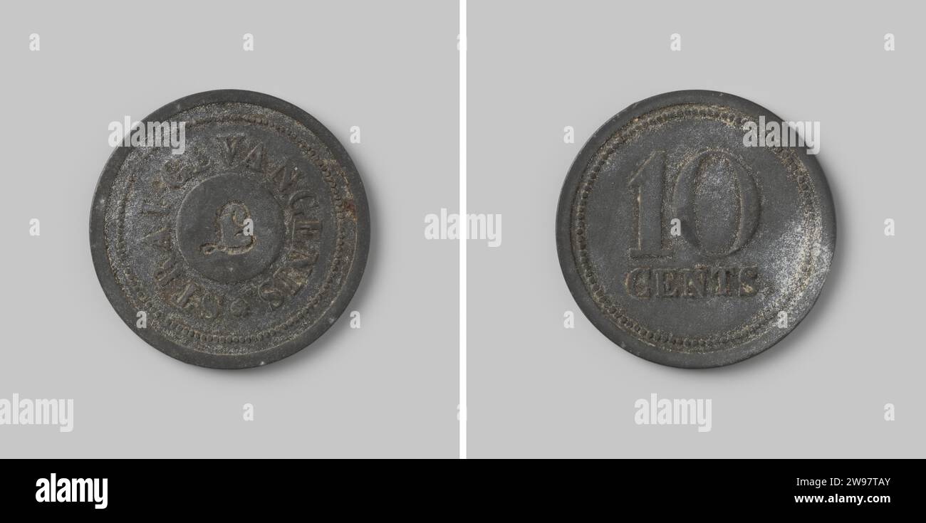 Paiement tok pour les prisons néerlandaises, 10 cents marqués L (Leeuwarden), Rijks Munt, dans ou après 1834 - dans ou avant 1861 médaille de l'histoire Sink médaille, sur le devant un milieu de terrain surélevé avec tous -rang l, avec un changement, la valeur en deux lignes sur le revers. Zinc frappe Utrecht (travail des métaux) Banque D'Images