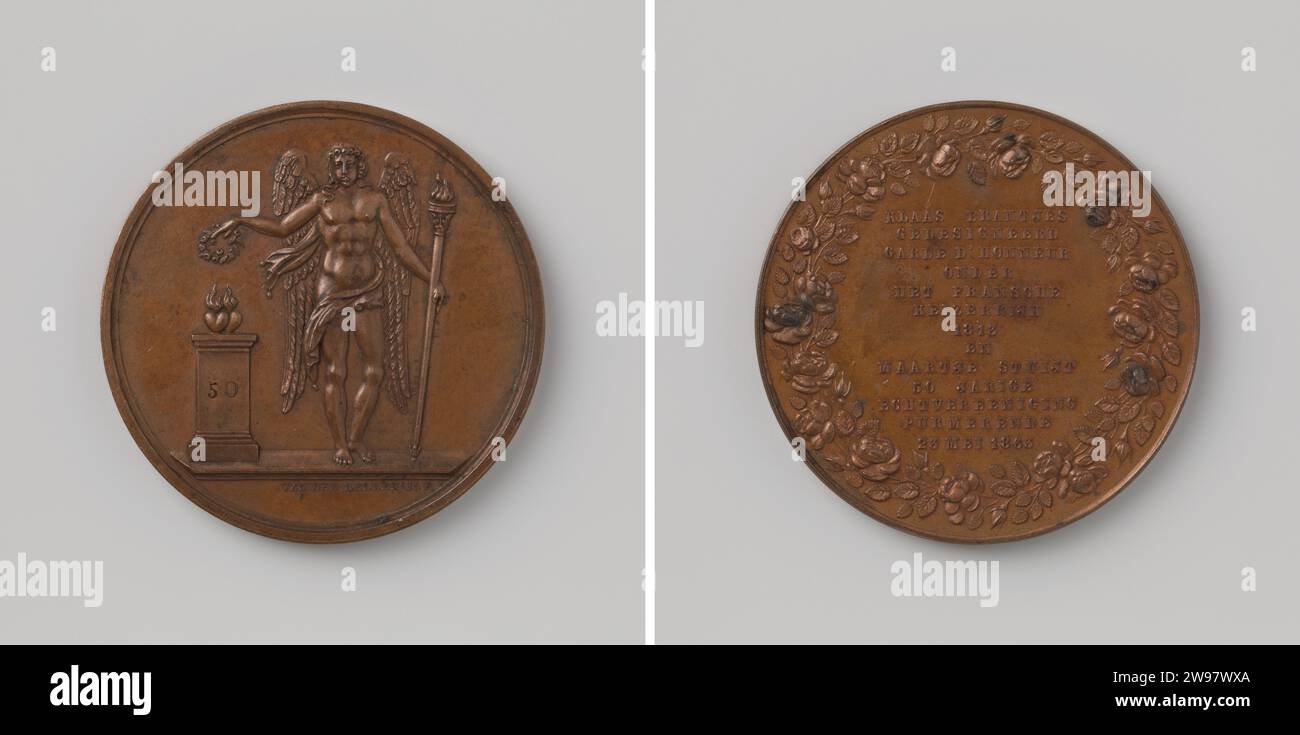 Cinquante ans de mariage de Klaas Brantjes, membre de la Garde d'Honneur sous l'Empire français et Maartje Stuijt à Purmerend, David van der Kellen (1804-1879), médaille de bronze de 1863. Devant : le dieu de mariage ailé hymen continue à brûler la torche dans la main gauche et pose des toiles sur l'autel avec la main droite sur lequel reposent deux cœurs brûlants connectés ; sur l'autel : inscription ; coupe : signature. Revers : Inscription Binnen Krans van Myrteloof Utrecht bronze (métal) frappe (travail des métaux) / gravure Purmerend Banque D'Images