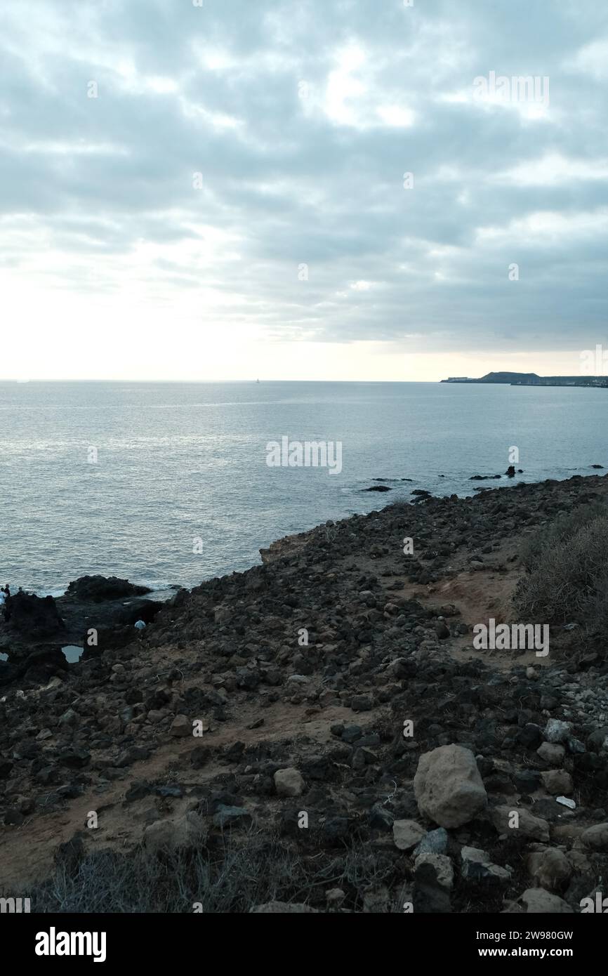 Une vue panoramique sur un rivage rocheux de plage avec de l'herbe luxuriante et la toile de fond paisible de l'océan Banque D'Images