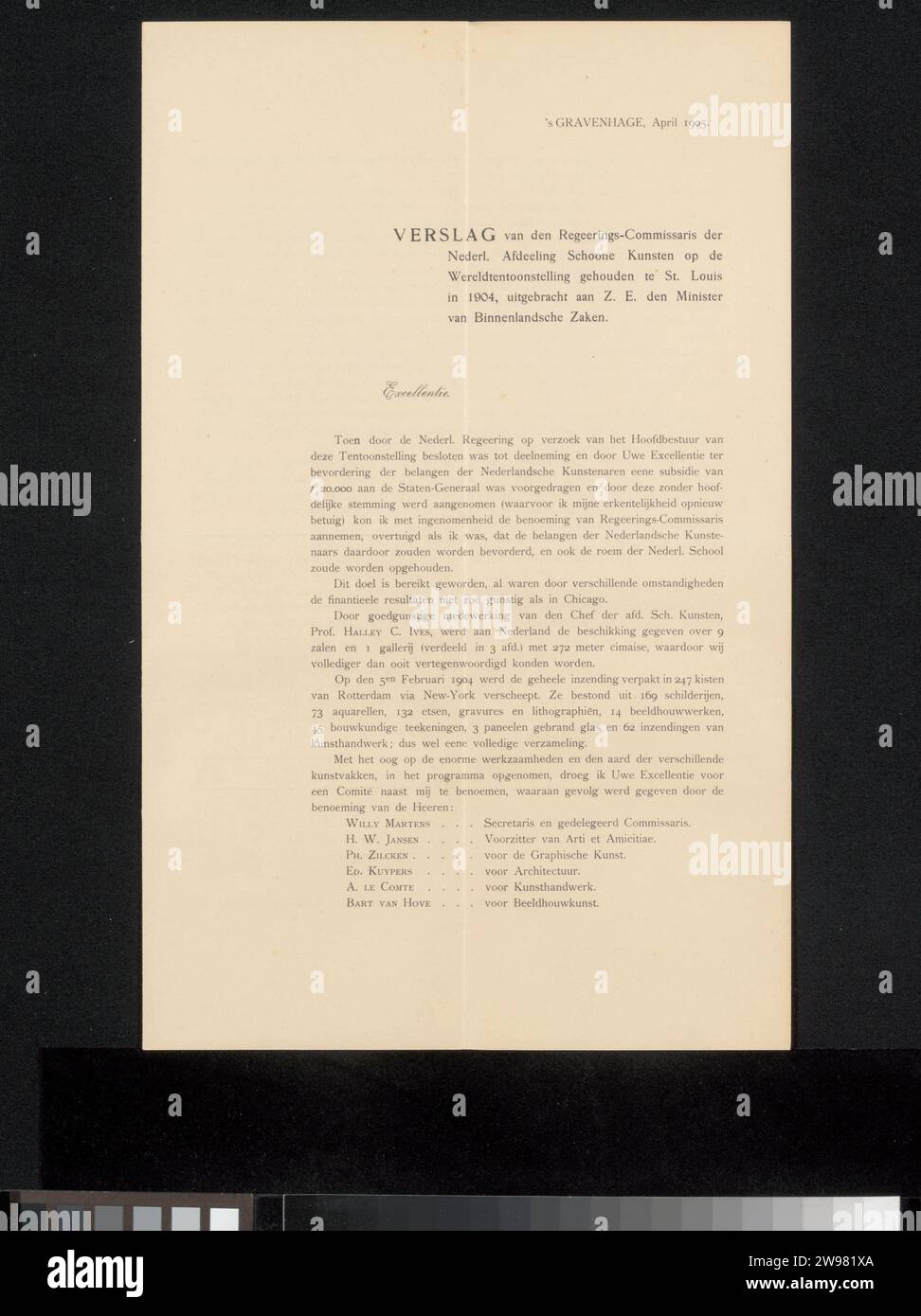 Rapport des Archives Philip Zilcken, en 1905 ou avant l'exposition temporaire de l'imprimerie sur papier de la Haye, 'salon' Saint Louis Banque D'Images