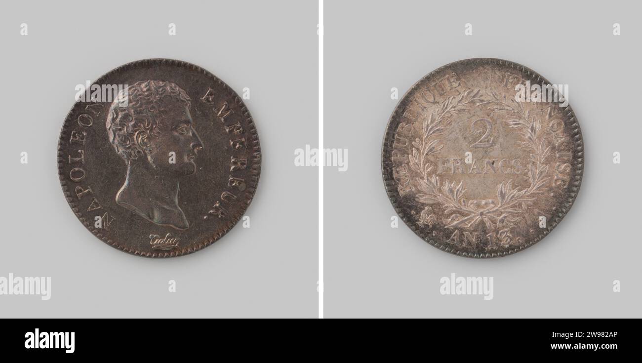 2 Francs de France par Napoléon comme Empereur, année 13 [= 1804/5] ,, 1804 - 1805 pièce pièce d'argent. Devant : buste de l'empereur à droite. Revers : dans deux branches de baie liées, désignation de la valeur sur deux lignes. Conversion : République Francaise. En dessous de l'année 13 dans le nouveau décompte. À droite de cette lettre A [= Paris]. Roulez. Paris argent (métal) frappe (travail des métaux) Banque D'Images