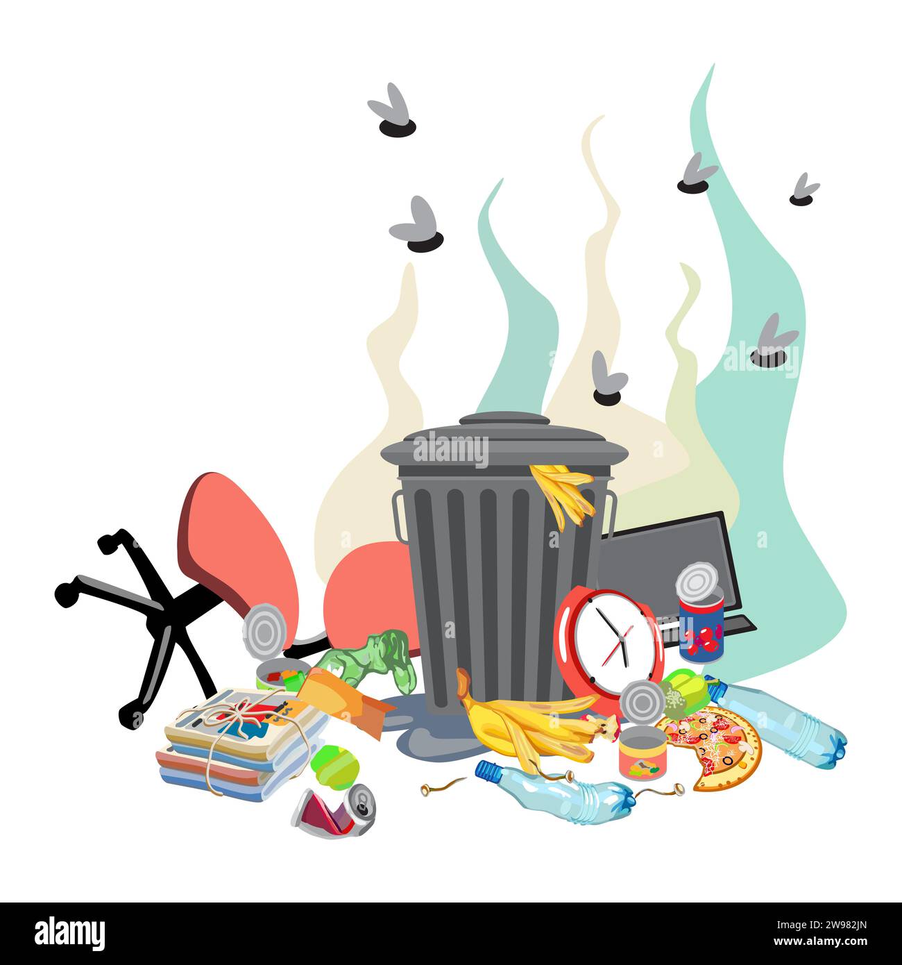 Poubelle avec des déchets non triés et des meubles cassés sur un fond blanc. Flaque sale avec des déchets organiques et industriels. Illustration vectorielle Illustration de Vecteur