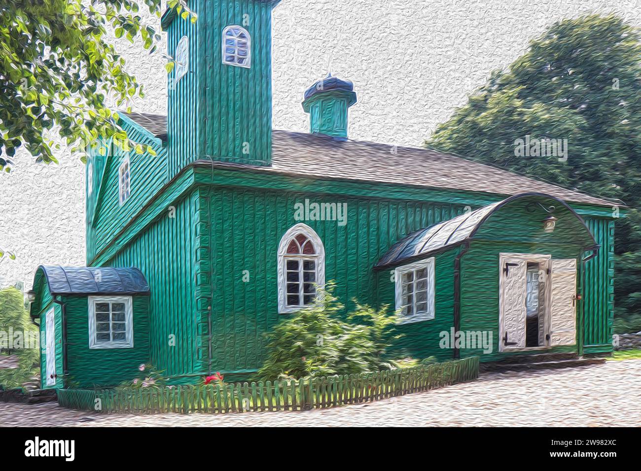 Mosquée historique en bois vert Lipka Tatar à Kruszyniany, Pologne, image d'effet de peinture à l'huile Banque D'Images