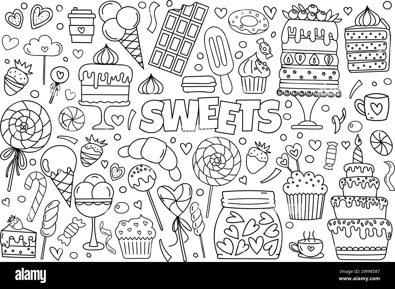 Ensemble de Doodle vectoriel dessiné à la main présente Un thème de page de coloriage anti-stress de bonbons, y compris une gamme de gâteaux, bonbons, cupcakes, crème glacée, et plus encore, ce qui en fait Un livre de coloriage mignon Illustration de Vecteur