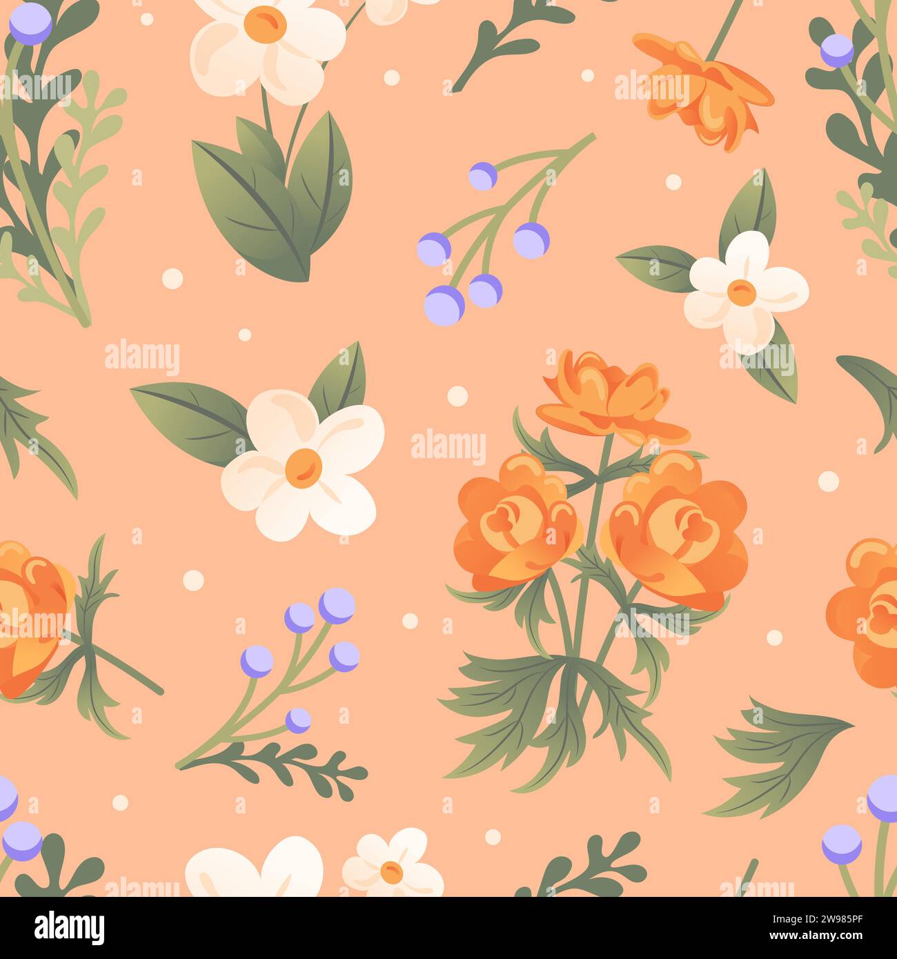 Motif sans couture de délicates fleurs sauvages printanières. Trollius, immortelle, camomille. Dans le style de dessin animé. Pour papier peint, tissu, fond d'emballage Illustration de Vecteur