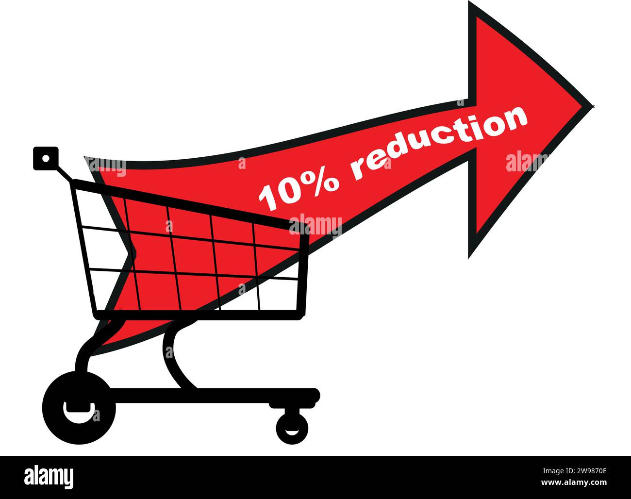 Chariot de magasin de style dessin animé avec une flèche géante rouge indiquant 10 % DE RÉDUCTION sur fond blanc Illustration de Vecteur