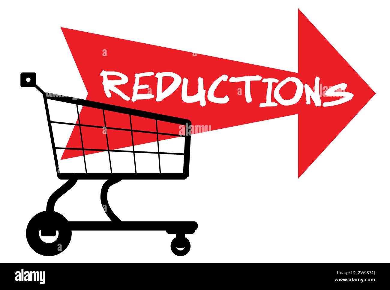 Chariot de magasin de style dessin animé avec une flèche géante rouge indiquant DES RÉDUCTIONS sur fond blanc Illustration de Vecteur