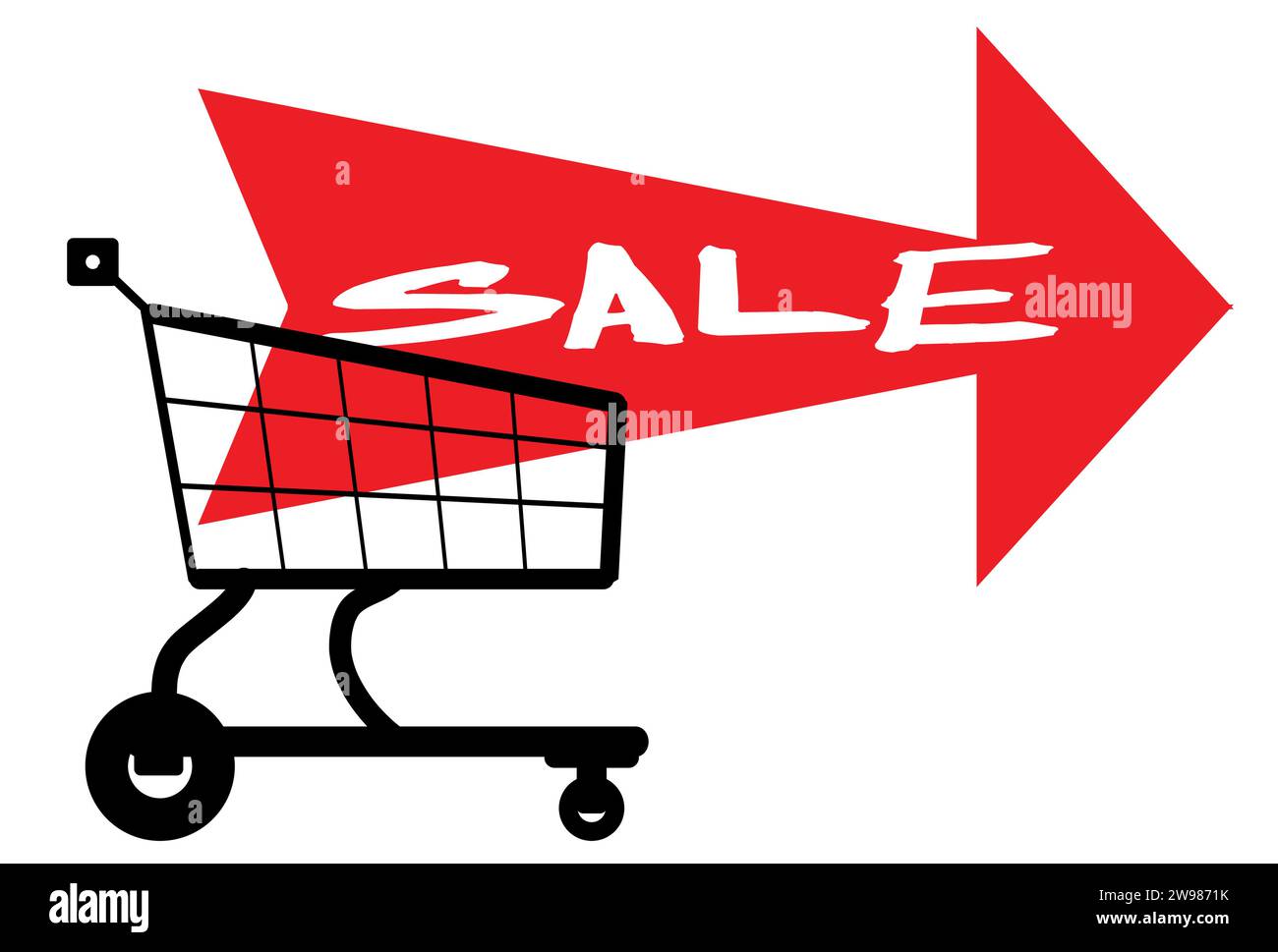 Chariot de magasin de style dessin animé avec une flèche rouge géante indiquant VENTE sur fond blanc Illustration de Vecteur