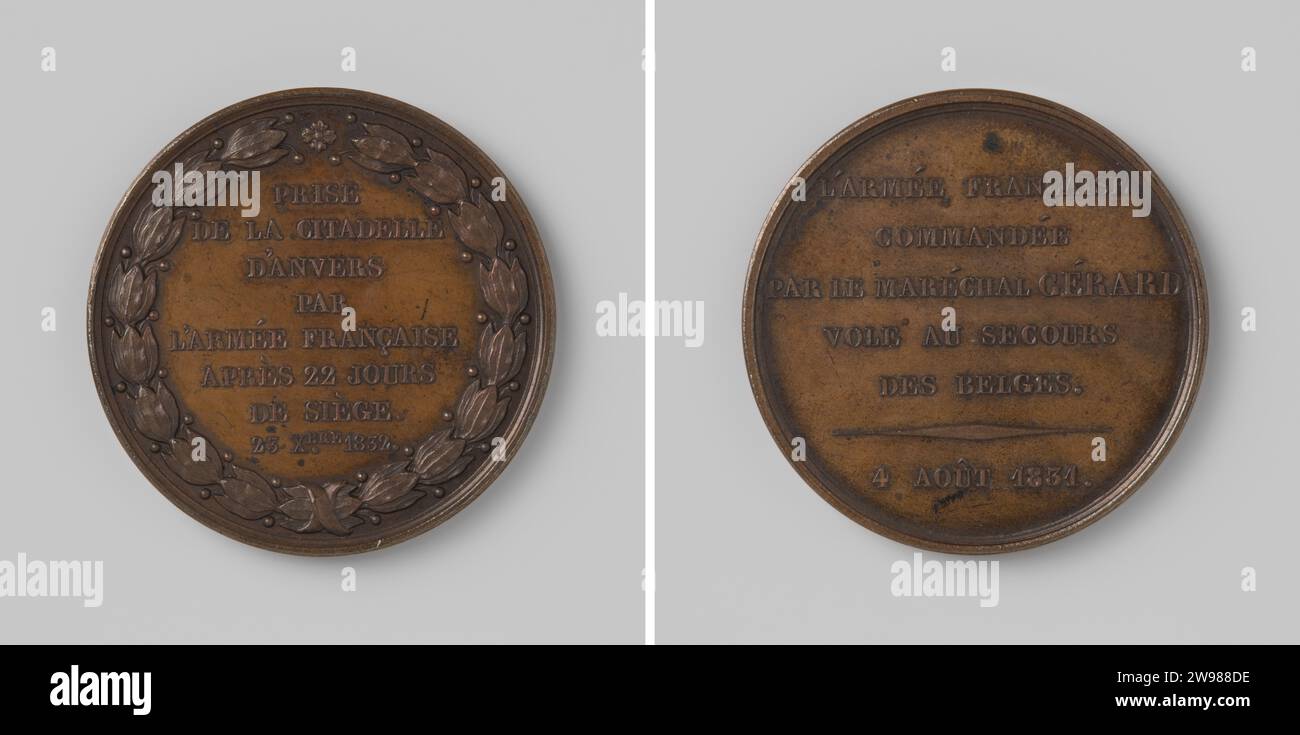 Soutien français pendant la campagne de dix jours et pendant la conquête de la Citadelle d'Anvers, M. Borrel, médaille d'histoire 1832 Médaille de bronze. Devant : inscription en couronne de branches d'olivier. Revers : inscription. Bronze (métal) frappe (travail des métaux) Citadelle d'Anvers (19e siècle) Banque D'Images