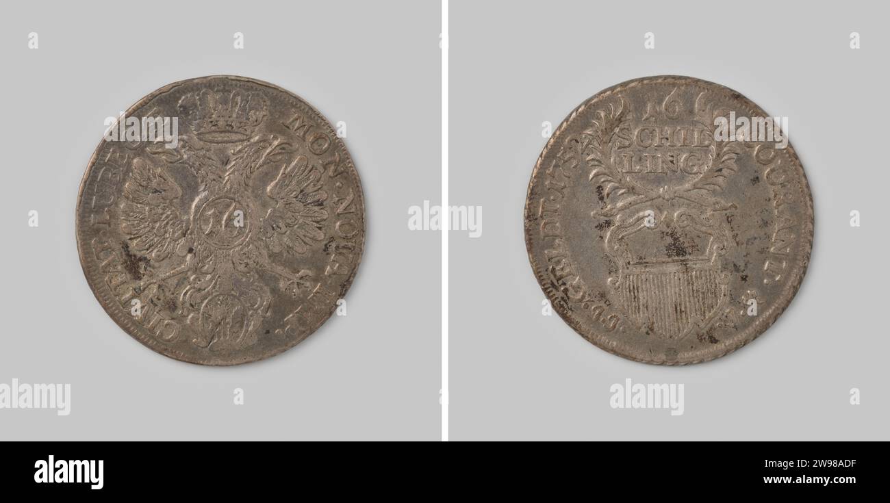 16 Schilling de la Free Hansestad Lübeck, 1752 ,, pièce d'argent de 1752 pièces. Devant : aigle couronné à deux têtes avec la note sur la poitrine 16. Côté rail : à l'intérieur de deux branches liées, la désignation de la valeur en trois lignes, y compris les armoiries de la ville. Année en haut de la fin du changement. Bord de câble. argent (métal) frappe (travail des métaux) Banque D'Images