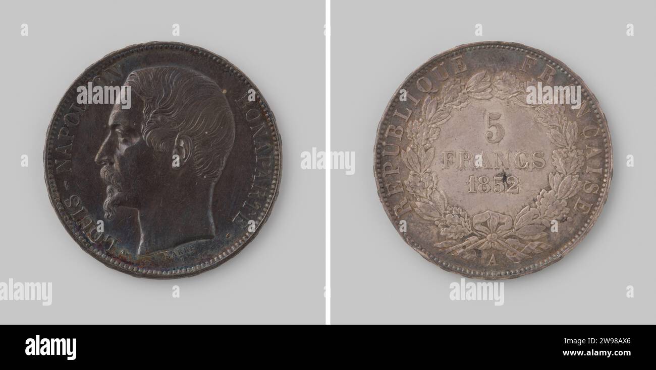 5 Francs de France, la deuxième république avec Louis Napoléon comme président, 1852 ,, pièce de 1852 pièce d'argent. Devant : tête du président à gauche. Bouleversant : Louis-Napoléon Bonaparte. Inverse : dans deux branches liées de désignation de valeur sur deux lignes, y compris l'année. Au bas de la lettre A [= Paris]. Bord de sortie. Paris argent (métal) frappe (travail des métaux) Banque D'Images