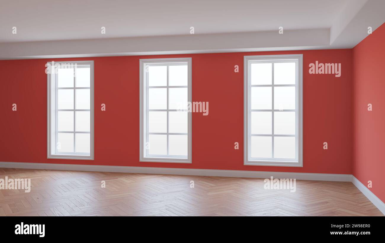 Intérieur avec murs rouge clair, trois grandes fenêtres, parquet à chevrons brillant clair et plinthe blanche. Beau concept non meublé de la Chambre. Rendu 3D, Ultra HD 8k, 7680x4320, 300 dpi Banque D'Images