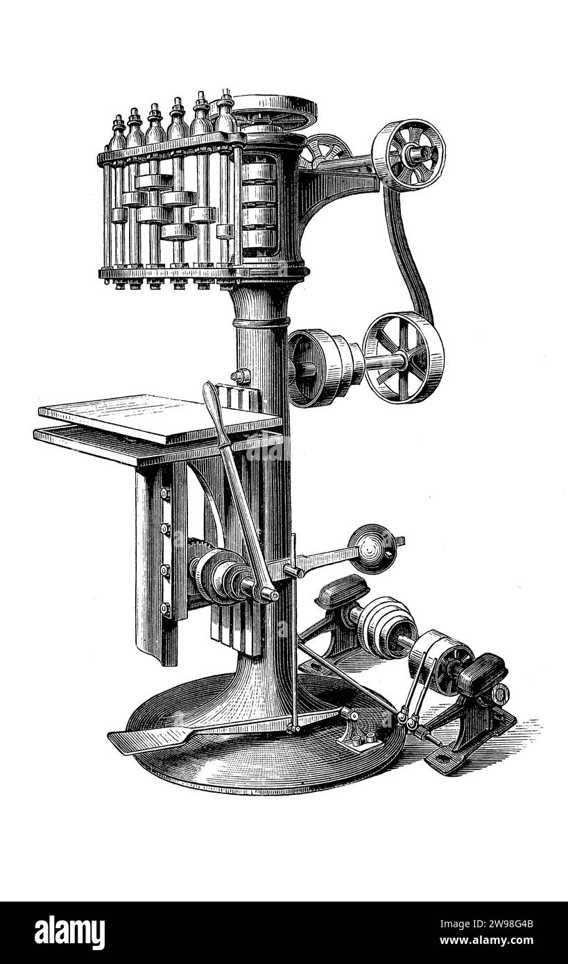 Perceuse verticale avec 6 broches, illustration du 19e siècle Banque D'Images