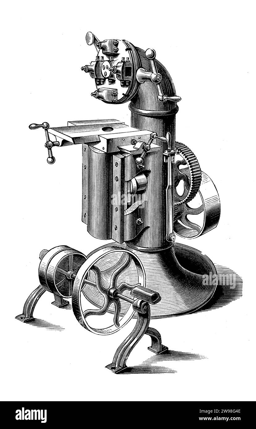 Machine à percussion verticale avec tourelle, illustration du 19e siècle Banque D'Images