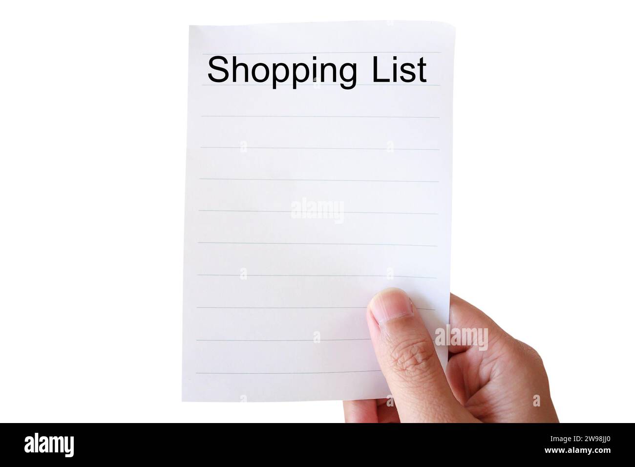 tenez le papier de liste d'achats isolé sur fond blanc Banque D'Images