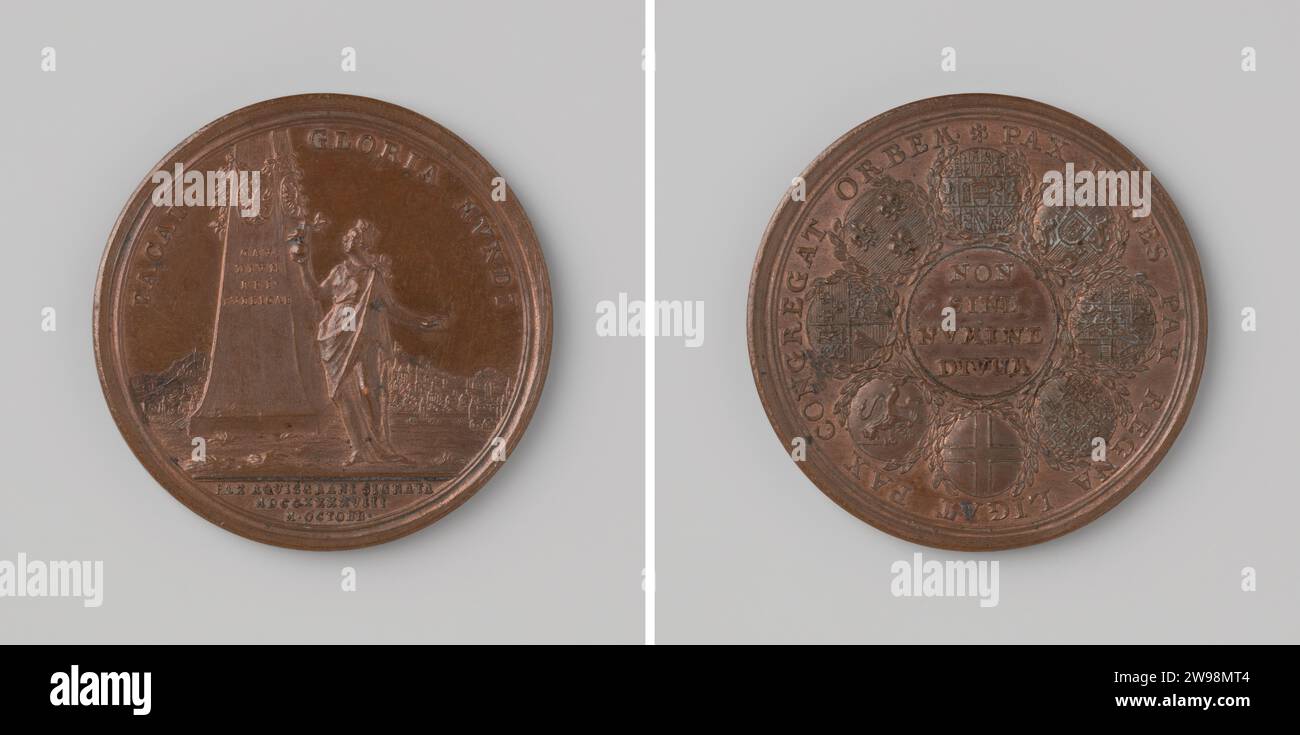 Paix à Aix-la-Chapelle, Anonyme, médaille d'histoire 1748 Médaille de bronze. Devant : la femme couronnée, représentant la ville d'Aix-la-Chapelle, tient bol dans les mains, sur lequel un pigeon à rameau d'olivier est en bouche ; en plus de son mémorial avec inscription, sur lequel deux armoiries ont été accrochées avec des rameaux d'olivier; en arrière-plan de la ville d'Aix-la-Chapelle en arrière-plan ; coupe : inscription. Revers : inscription à l'intérieur de la couronne de huit avec des branches d'olivier muré des armoiries, couverture intérieure Aken bronze (métal) frappant (travail du métal) Aken Banque D'Images