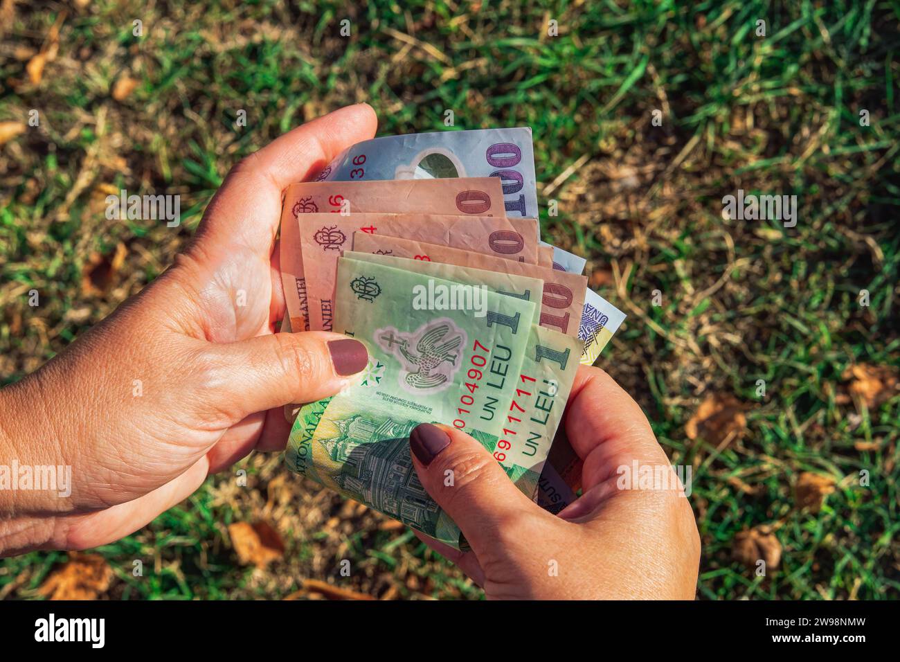 Main féminine tenant le lei roumain - code RON - billets de banque en coupures de 100, 10 et 1 leu. Banque D'Images