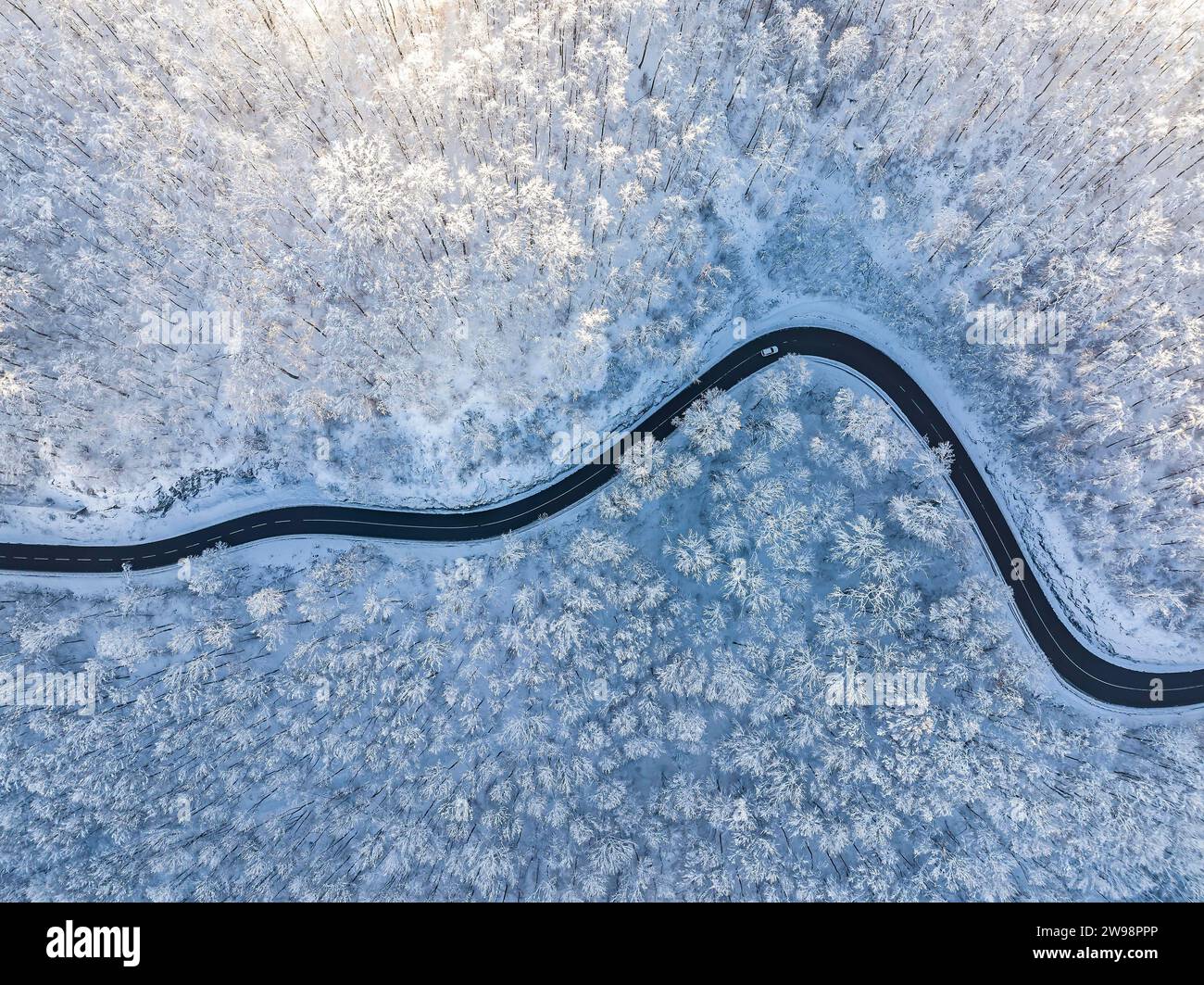 Route de campagne sinueuse près de Gutenberg sur l'Alb souabe en hiver, il y a de la neige dans la forêt, photo drone, Lenningen, Baden-Wuerttemberg, Allemagne Banque D'Images