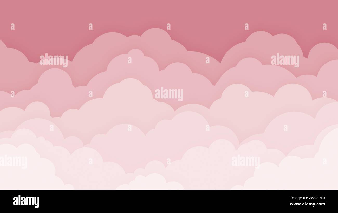 Ciel rose avec des nuages de style dessin animé plats superposés. Fond abstrait d'illustration de ciel nuageux. Conception pour bannière, affiche, flyer, carte, brochure etc Banque D'Images