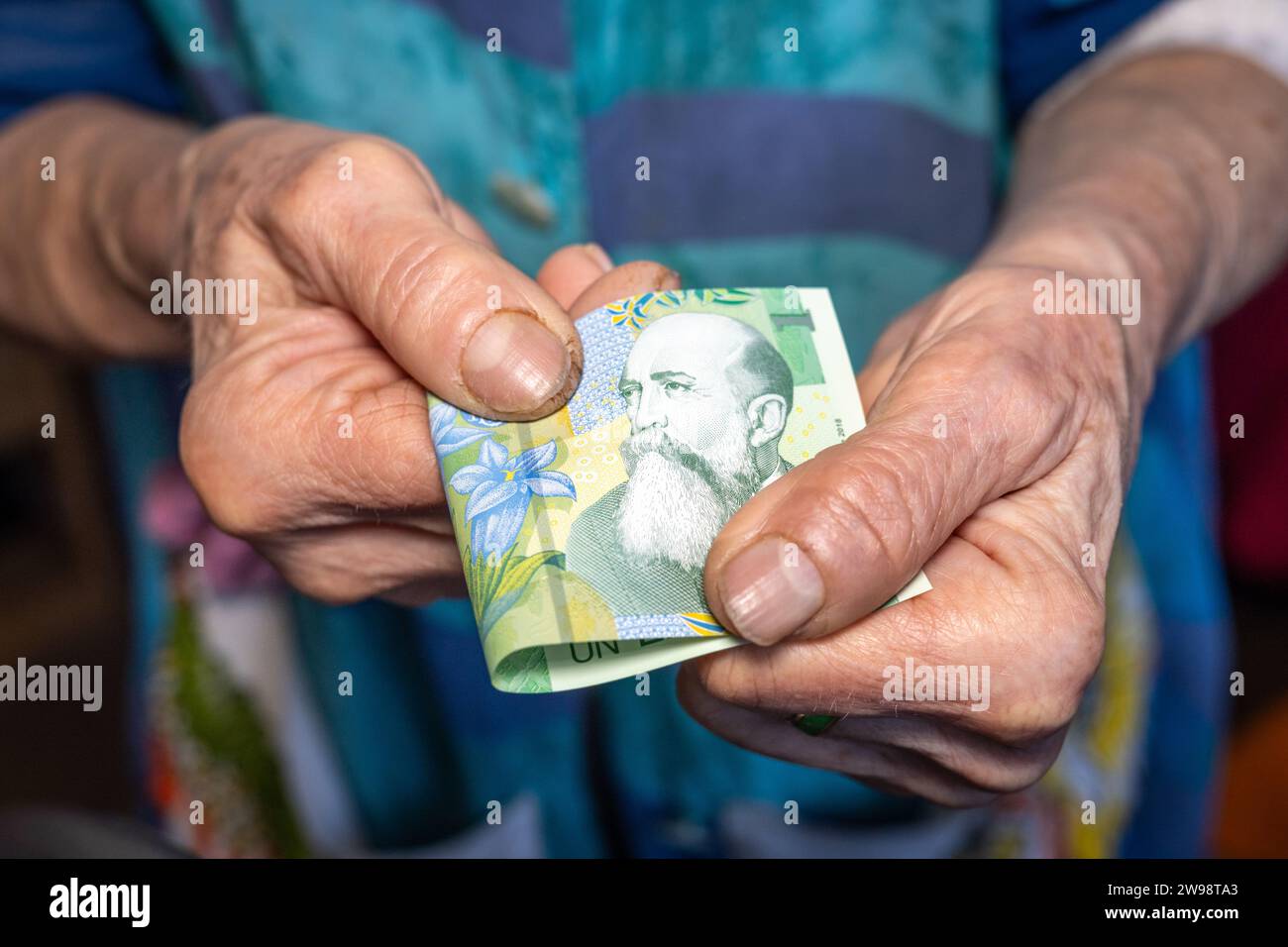 Une vieille femme roumaine saisit un billet de banque de 1 leu dans ses mains usées, concept financier, argent roumain, problèmes des personnes âgées et pauvres Banque D'Images