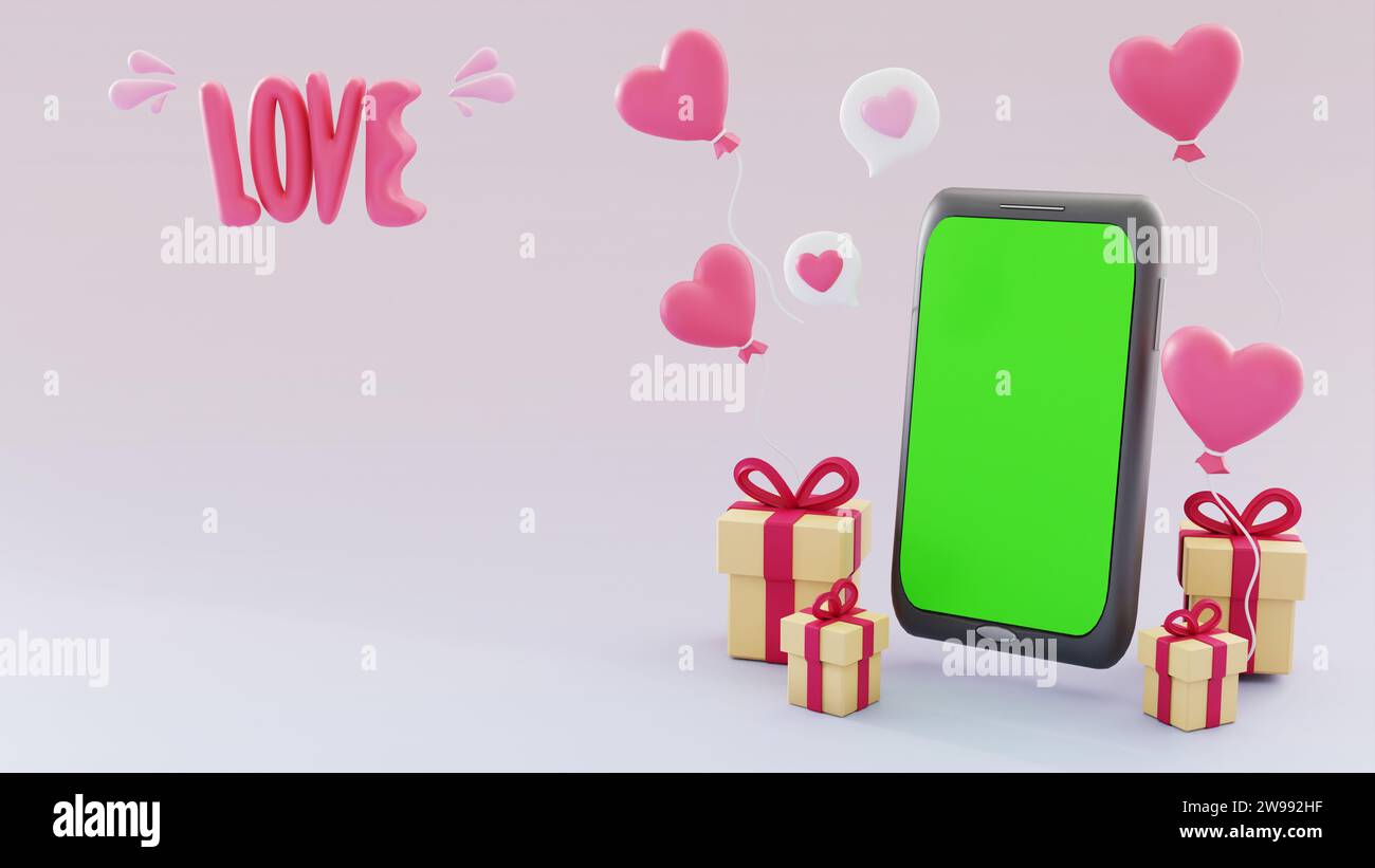 Smartphone contemporain avec écran vert entouré de cadeaux et ballons sur le thème de l'amour Banque D'Images