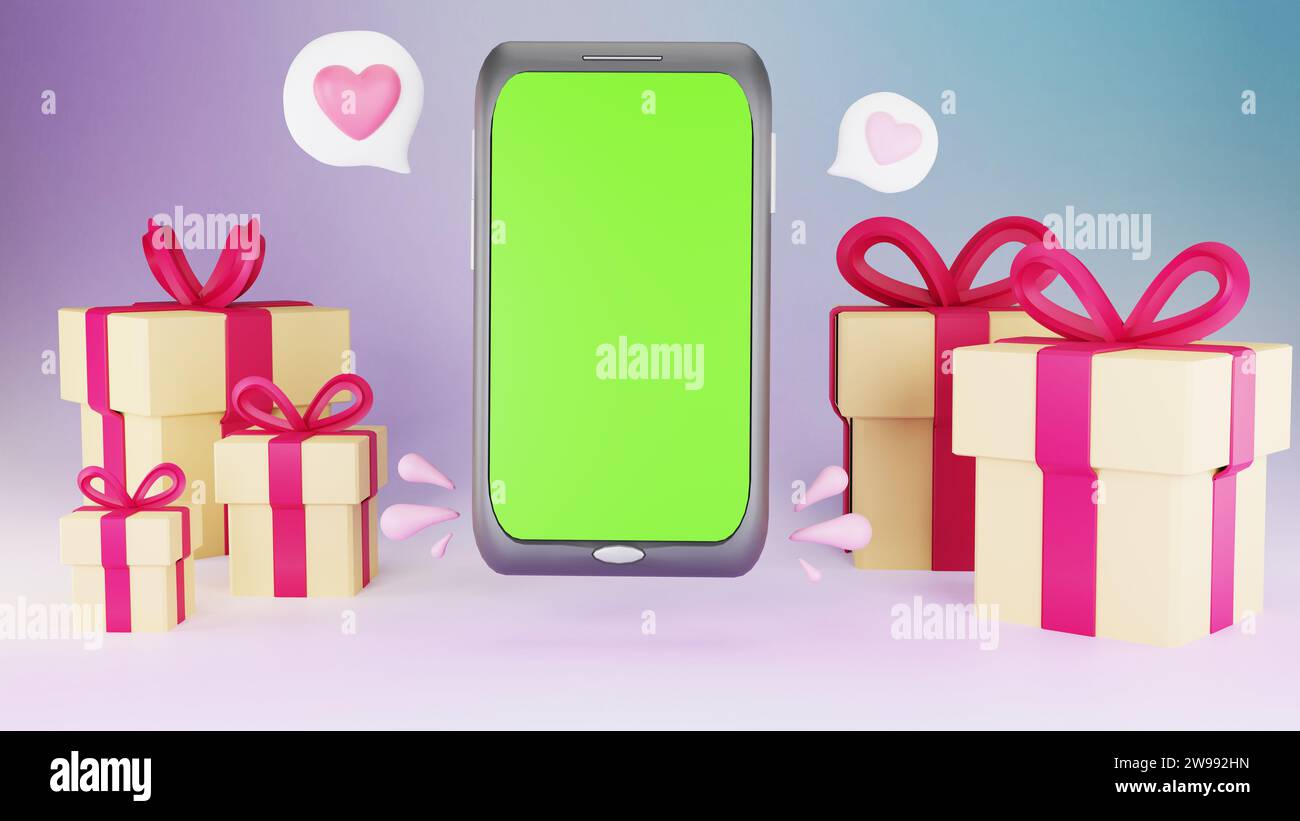 Décor festif avec téléphone et décorations sur le thème de l'amour. Banque D'Images