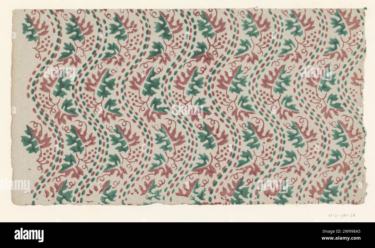 Feuille avec motif ondulé de travail de vignes de feuilles entre les lignes pointillées, 1750 - 1900 papier. décoration d'impression en bloc (procédé d'impression en relief) dérivée de formes végétales Banque D'Images