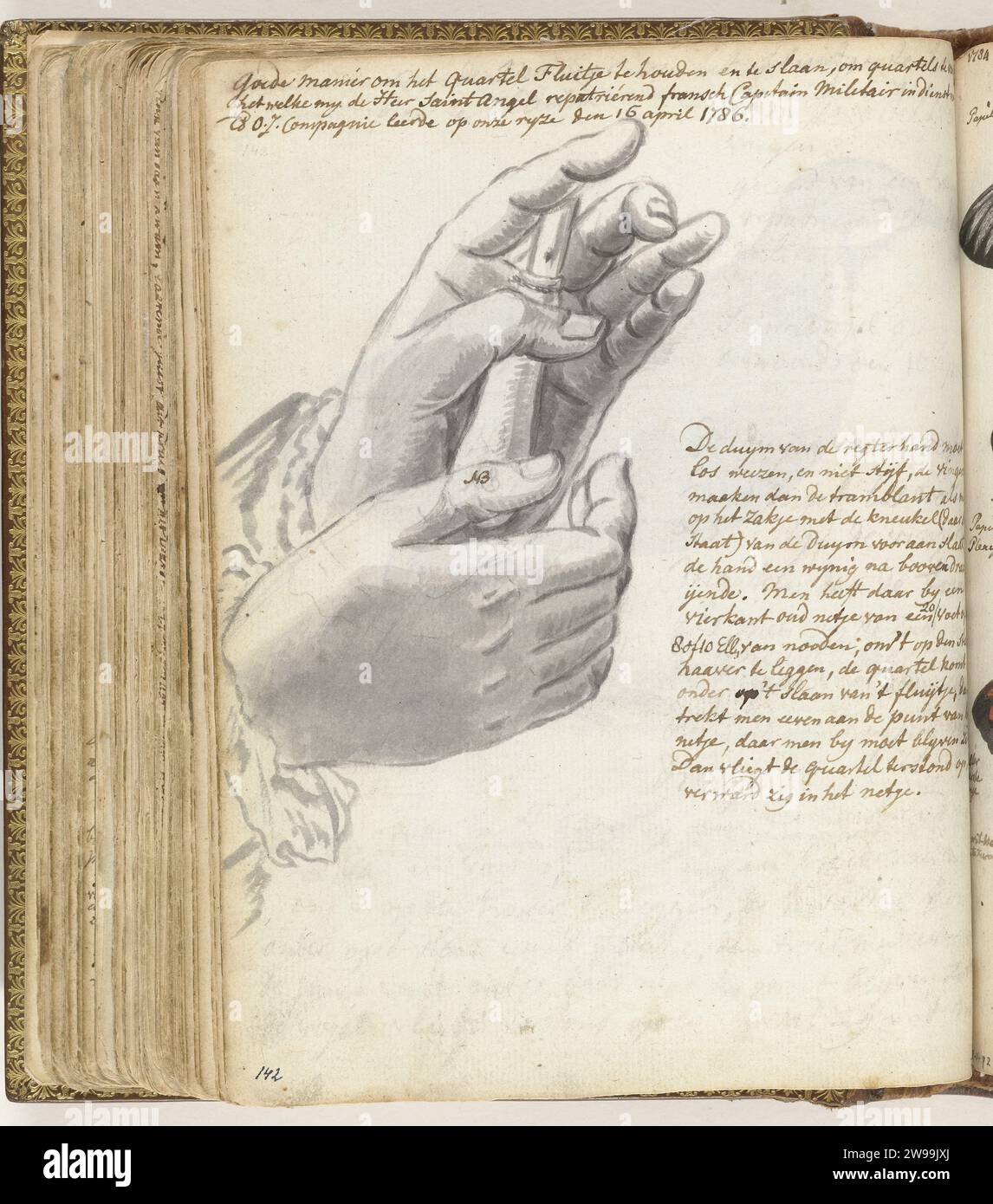 Façon de gérer un quart de vie, Jan Brandes, 1786 dessin deux mains qui tiennent un morceau de gâteau peuvent être attirés caille. Avec inscription. Fait partie du carnet de croquis de Jan Brandes, dl. 1 (1808), p. 142. Papier Océan Indien. crayon. Promeneur de brosse à encre et oiseaux coureurs (avec NOM). postures et gestes de la main et des doigts. flûte, aulos, tibia Banque D'Images