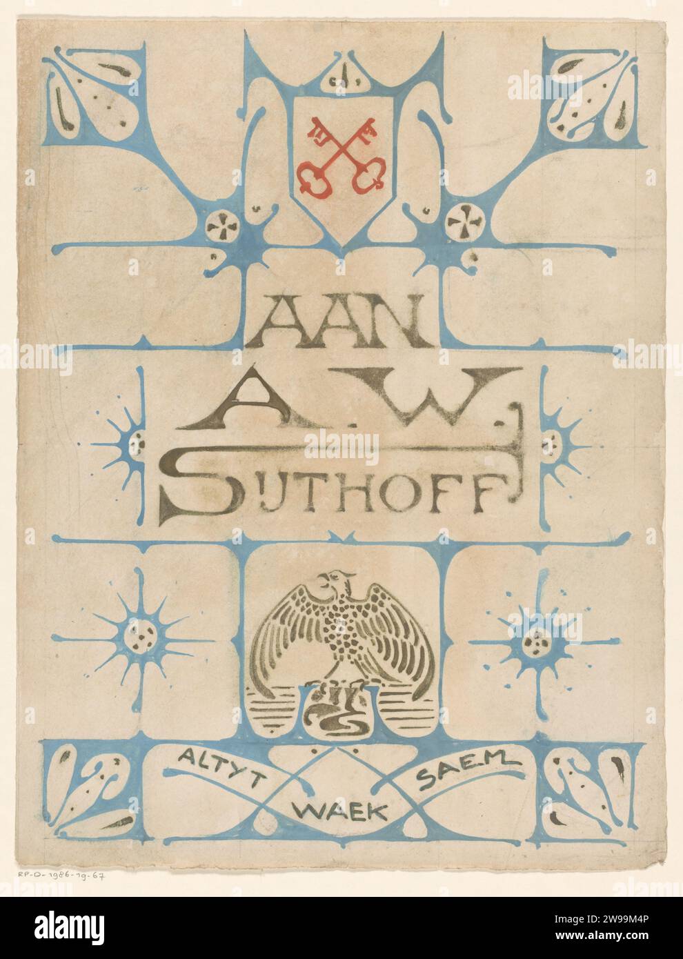 Magazine d'affectation pour un album pour A.W. Sijthoff, Reinier Willem Petrus de Vries (1874-1953), 1902 dessin dessin avec des clés croisées dans la Wapen van Leiden, un aigle, deux soleils et la signification de Sijthoff : 'Altyt Waek SAME'. papier. peinture (revêtement). blouse de brosse crayon (comme symbole de l'état, etc.). oiseaux prédateurs : aigle Banque D'Images