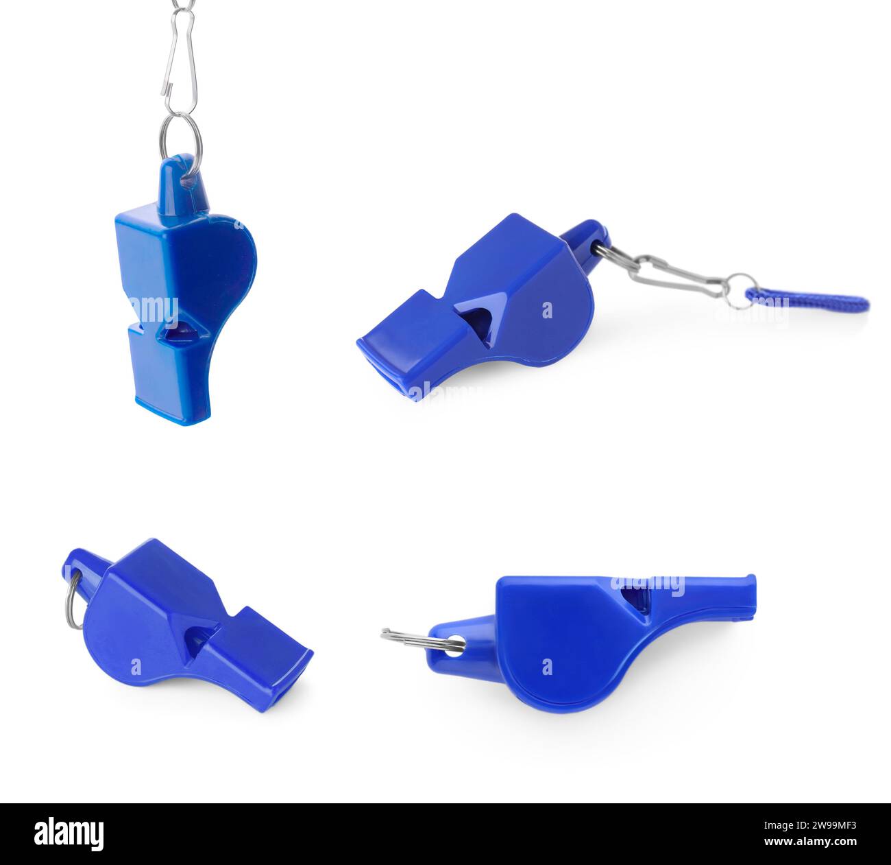Sifflet bleu avec cordon isolé sur blanc, set Banque D'Images