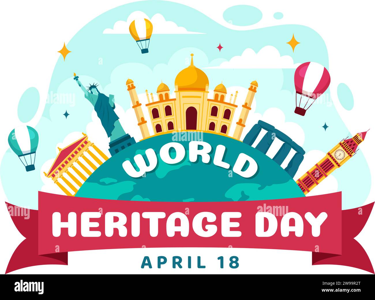 Illustration vectorielle de la Journée du patrimoine mondial le 18 avril pour les monuments commémoratifs et les sites de divers pays en fond plat Illustration de Vecteur