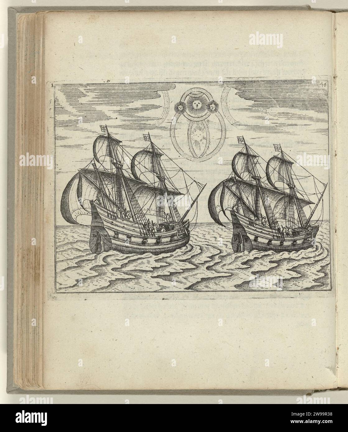 Les deux navires et un phénomène céleste, 1596, Anonyme, d'après Gerrit de Veer, 1598 impriment les deux navires de Barendsz et Van Heemskerck et un phénomène céleste au troisième tour, le 4 juin 1596. En face de la page 46 dans : 'relation de Warhafftige. Der Dreyen Newen Unerhörten Seltzamen Schiffart so Die Holländischen und Seeländischen Schiff .... Anno 1594, 1595 und 1596 ont joué '(1598). Nuremberg gravure sur papier Nouvelle Zembla Banque D'Images