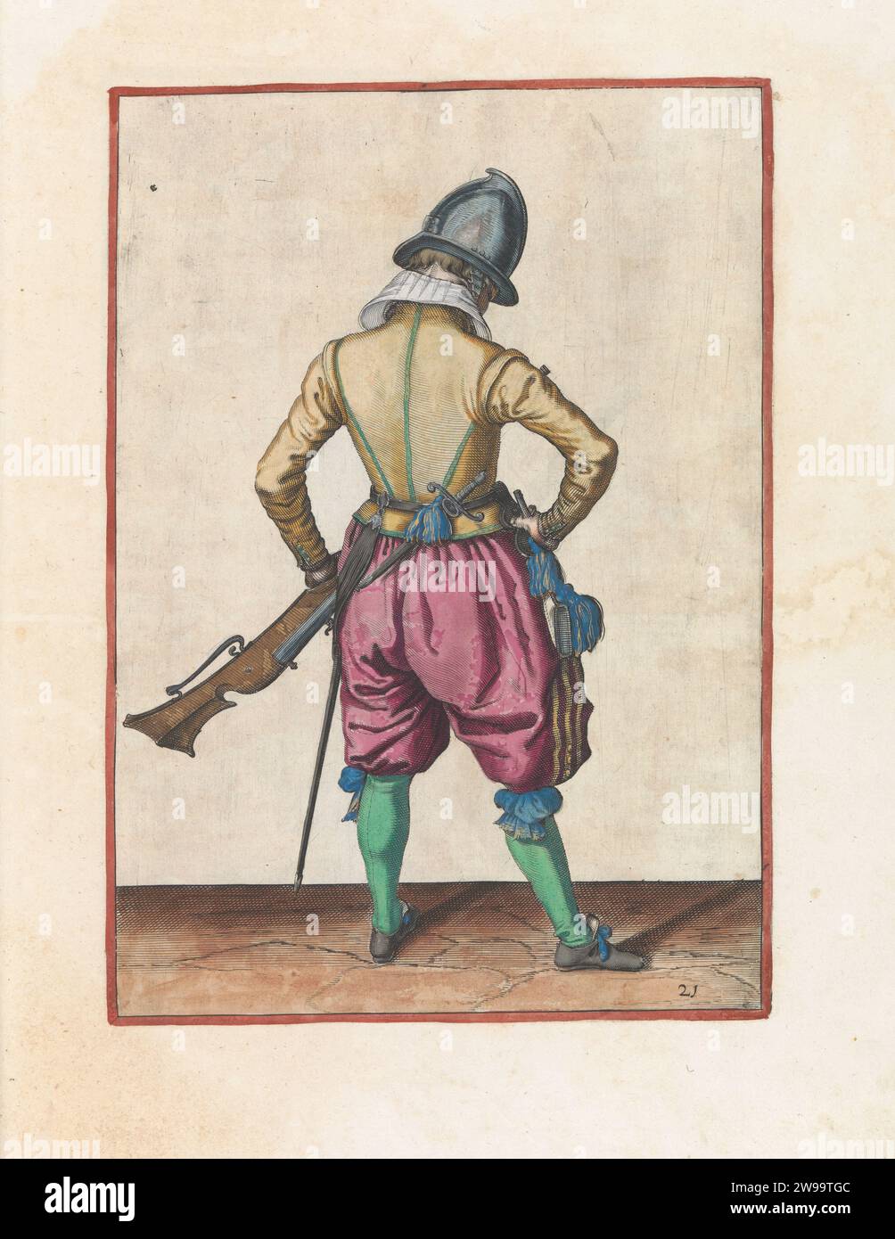 Soldat au gouvernail qui prend sa corne d'écrasement, Jacques de Gheyn (II) (atelier ou), d'après Jacques de Gheyn (II), c. 1597 - 1607 imprimer Un soldat, en entier, vu au dos, qui tient un gouvernail (un certain type d'arme à feu) avec sa main gauche sur sa cuisse gauche, pointant la course inclinée vers le haut. Avec sa main droite, il attrape une corne d'écrasement. Ce tirage fait partie de la série de 42 tirages numérotés à la main de Roerschutters dans la manipulation des armes. Le numéro est imprimé sur cette copie. La Haye gravure papier manipulation des armes  formation militaire. armes à feu : fusil Banque D'Images