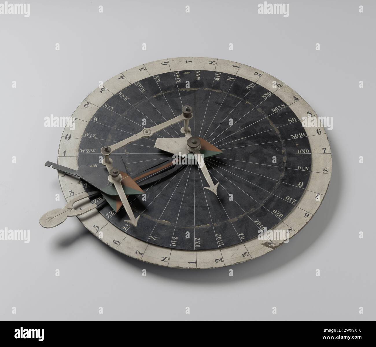 Instrument d'instruction, Anonyme, 1850 - 1900 instrument grand cercle en cuivre sur trois pattes, peint en blanc. Un cercle noir sur celui-ci, sur lequel un bras rotatif avec un système complexe de flèches réglables et une aiguille. Une forme de bateau au centre. laiton inconnu (alliage) Banque D'Images