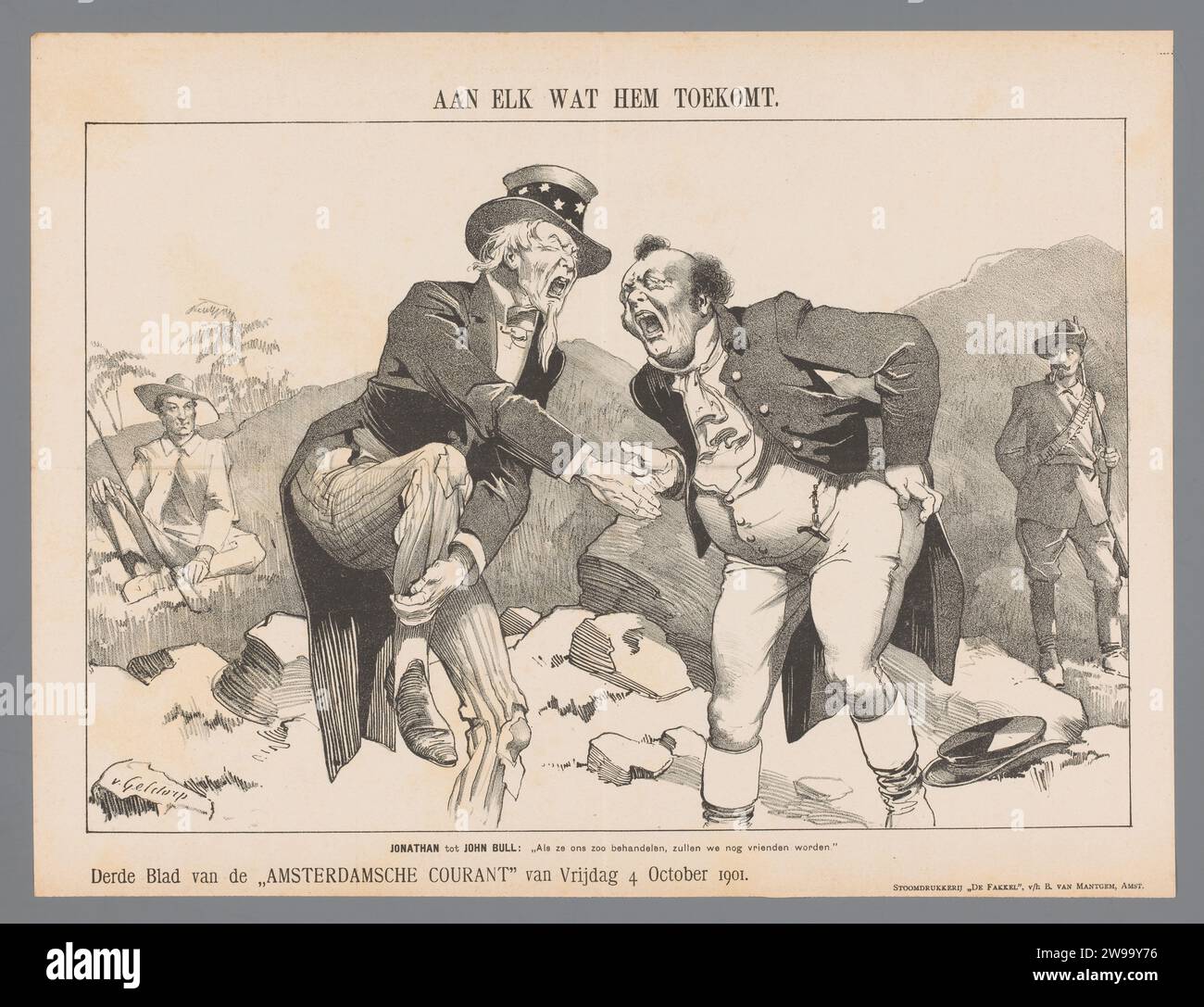 À chacun qui lui appartient, Petrus van Geldorp, 1901 Amsterdam paper caricatures et satires politiques. personnifications de pays, nations, états, districts, etc. Guerre américano-philippine Zuid-Afrika. Royaume-Uni. États-Unis d'Amérique. Philippines Banque D'Images