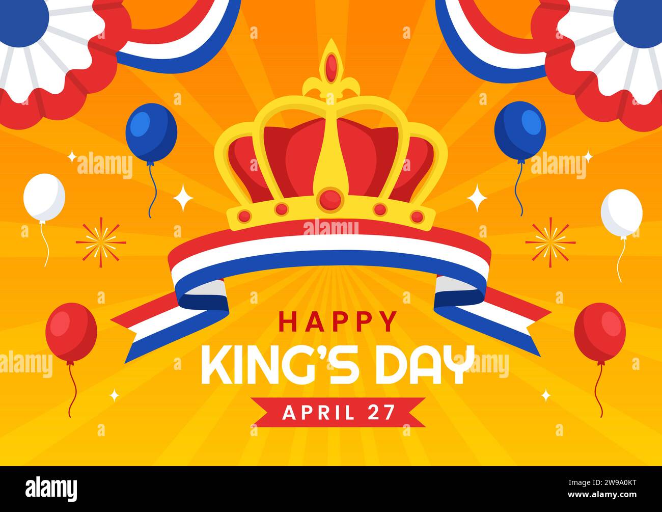 Happy Kings Netherlands Day Illustration vectorielle le 27 avril avec des drapeaux ondulants et du ruban dans la conception de fond de dessin animé plat King Celebration Illustration de Vecteur