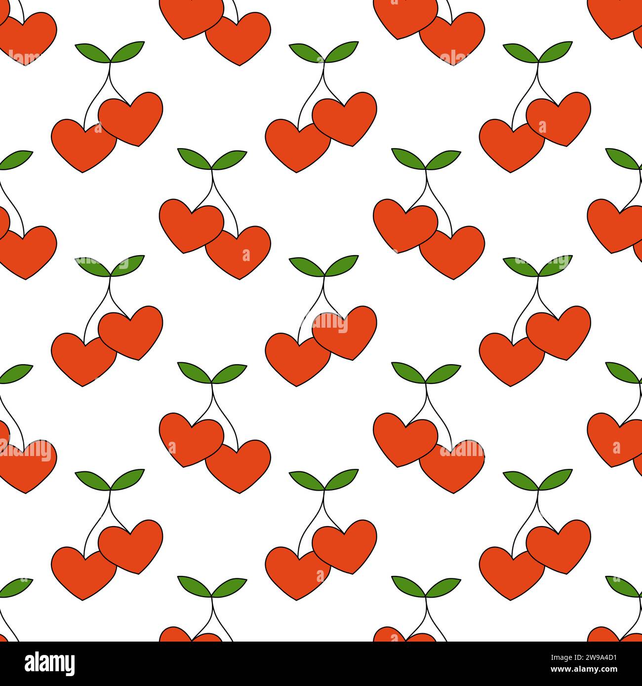 Modèle sans couture avec des cerises en forme de coeurs et de feuilles. Fond de Saint-Valentin. Illustration vectorielle à plat. Illustration de Vecteur