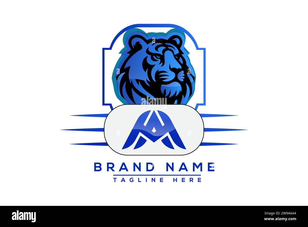 Logo AM Tiger Blue Design. Conception de logo de vecteur pour les entreprises. Illustration de Vecteur