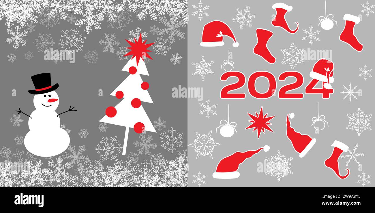 Couverture de carte du nouvel an 2024 avec bonhomme de neige et arbre de Noël. Fond drey avec Cartoon Santa chapeau et chaussettes pour les cadeaux. Modèle de bannière. Vector illustra Illustration de Vecteur