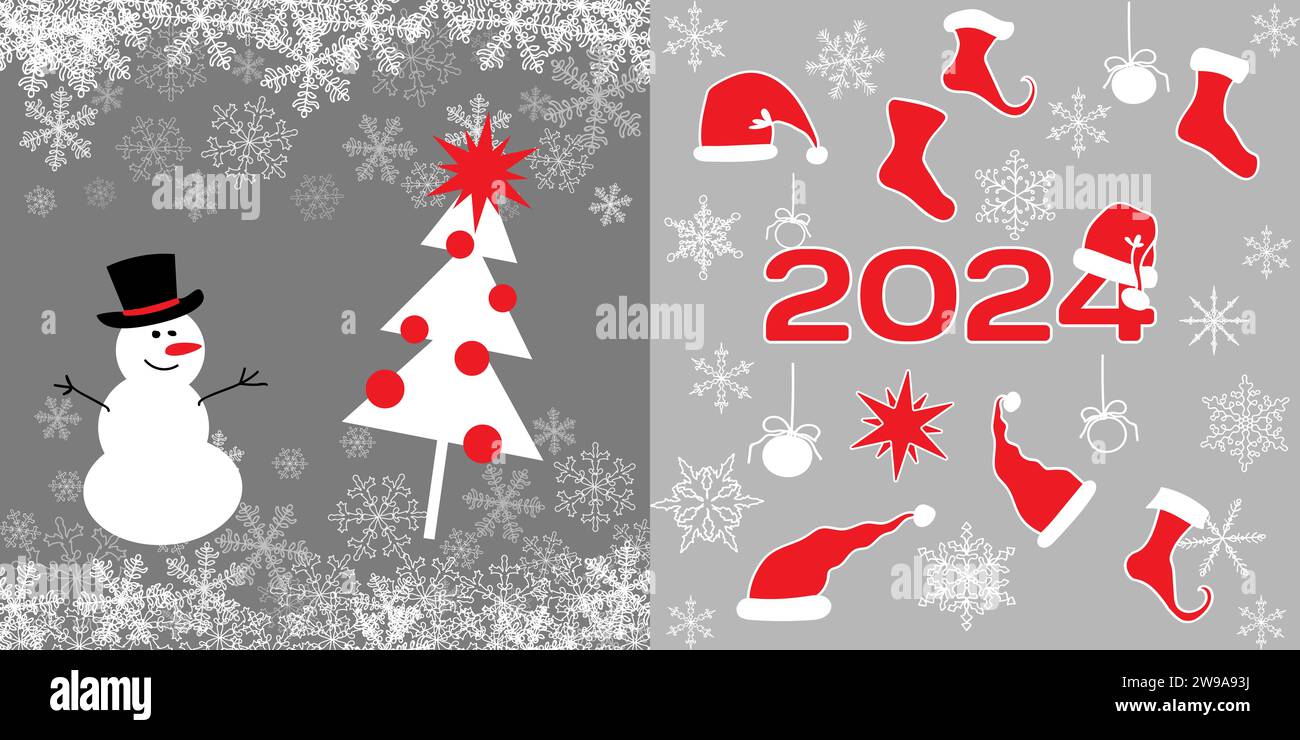 Couverture de carte du nouvel an 2024 avec bonhomme de neige et arbre de Noël. Fond drey avec Cartoon Santa chapeau et chaussettes pour les cadeaux. Modèle de bannière. Vector illustra Banque D'Images