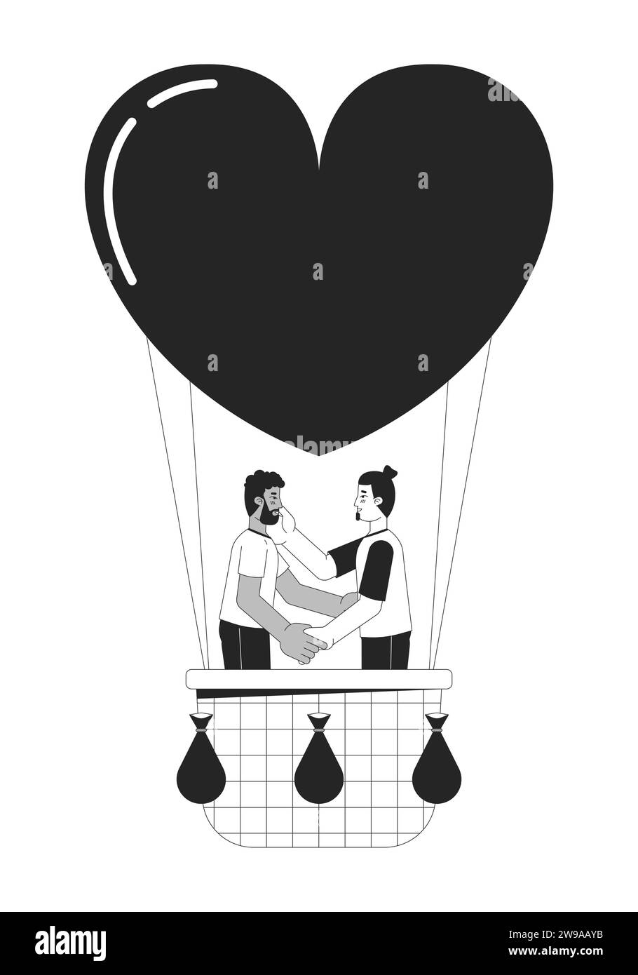 Boyfriends flottant sur montgolfière des personnages de dessin animé en ligne 2D noir et blanc Illustration de Vecteur