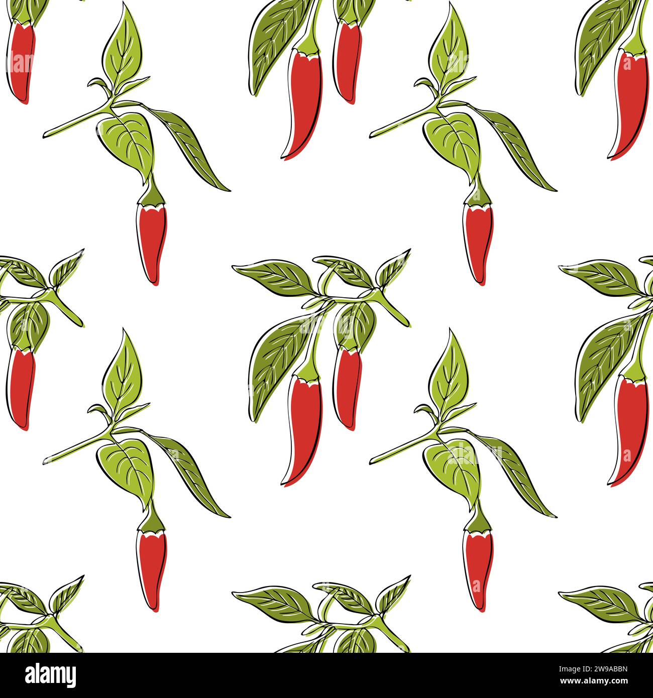 Motif dessiné à la main de branche de piments piments piments rouges sur fond blanc. Couleurs rouge et vert. Illustration vectorielle Illustration de Vecteur