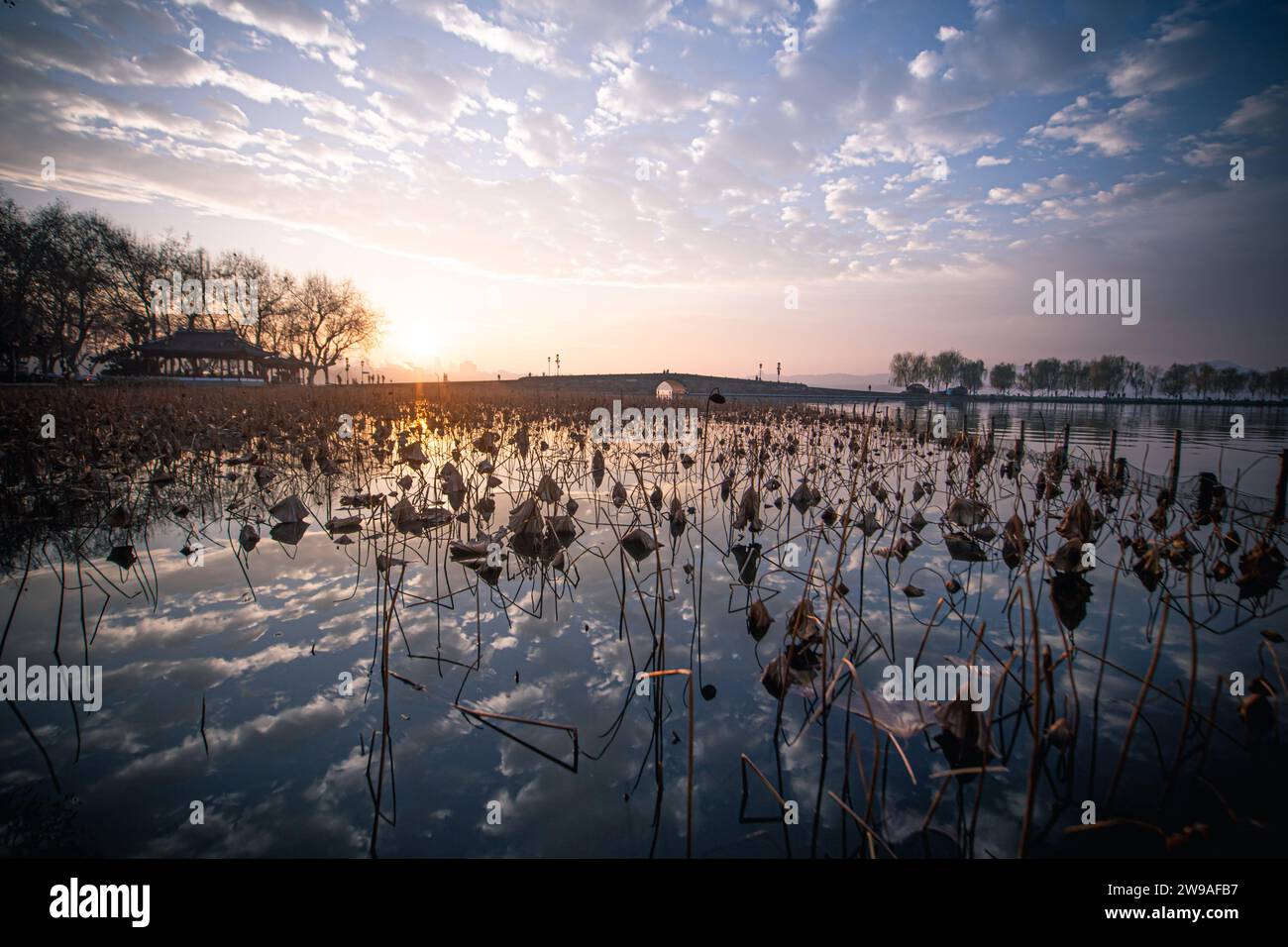 Hangzhou. 26 décembre 2023. Cette photo prise le 26 décembre 2023 montre le paysage du pont de Duanqiao, ou pont brisé, au lever du soleil sur le lac de l'Ouest à Hangzhou, dans la province du Zhejiang dans l'est de la Chine. Crédit : Jiang Han/Xinhua/Alamy Live News Banque D'Images