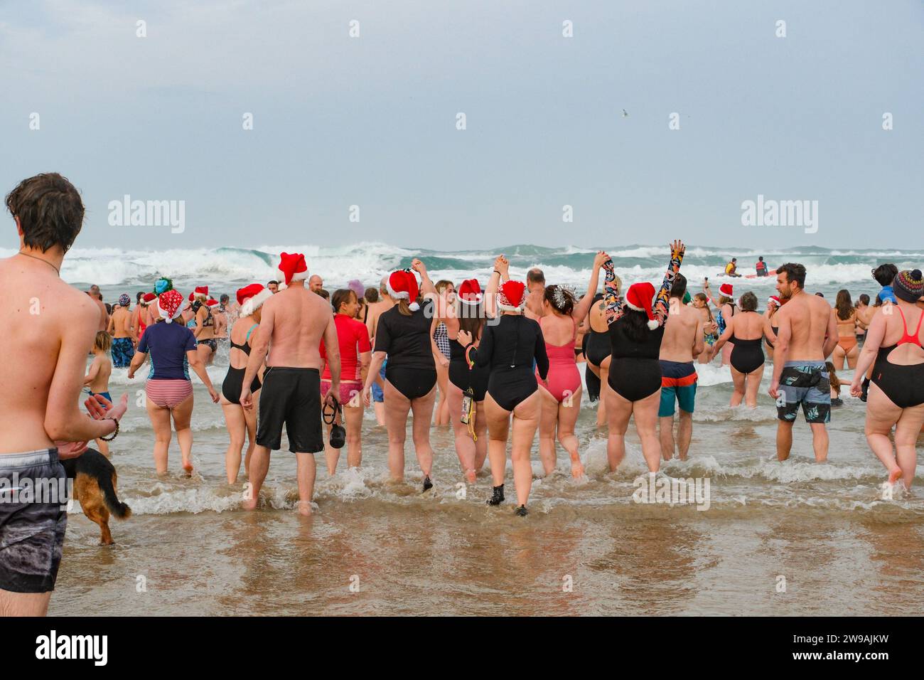 Perranporth, Cornouailles, Royaume-Uni. 26 décembre 2023. UK Météo. Des centaines de personnes se sont rendues ce matin dans le doux temps pour la baignade annuelle de jour de boxe «sans combinaison» à Perranporth à Cornwall. Crédit Simon Maycock / Alamy Live News. Banque D'Images